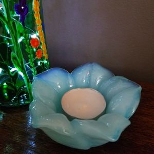 Hand Blown Glass Tea Light Candle Holder Blue
